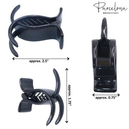 Parcelona French 3 Teeth Black Celluloid Acetate Set of 2 Fish Style Ponytail Holder Strong Grip Jaw Hair Claw Clip Clamps for Women