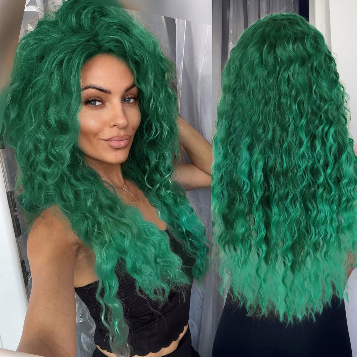 GNIMEGIL 26 Inch Long Curly Wavy Green Wig - Natural Ombre Fluffy Synthetic Hair for Mermaid Cosplay, St. Patrick's Day, Halloween Costumes - görsel 1