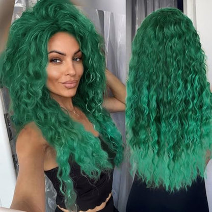 GNIMEGIL 26 Inch Long Curly Wavy Green Wig - Natural Ombre Fluffy Synthetic Hair for Mermaid Cosplay, St. Patrick's Day, Halloween Costumes