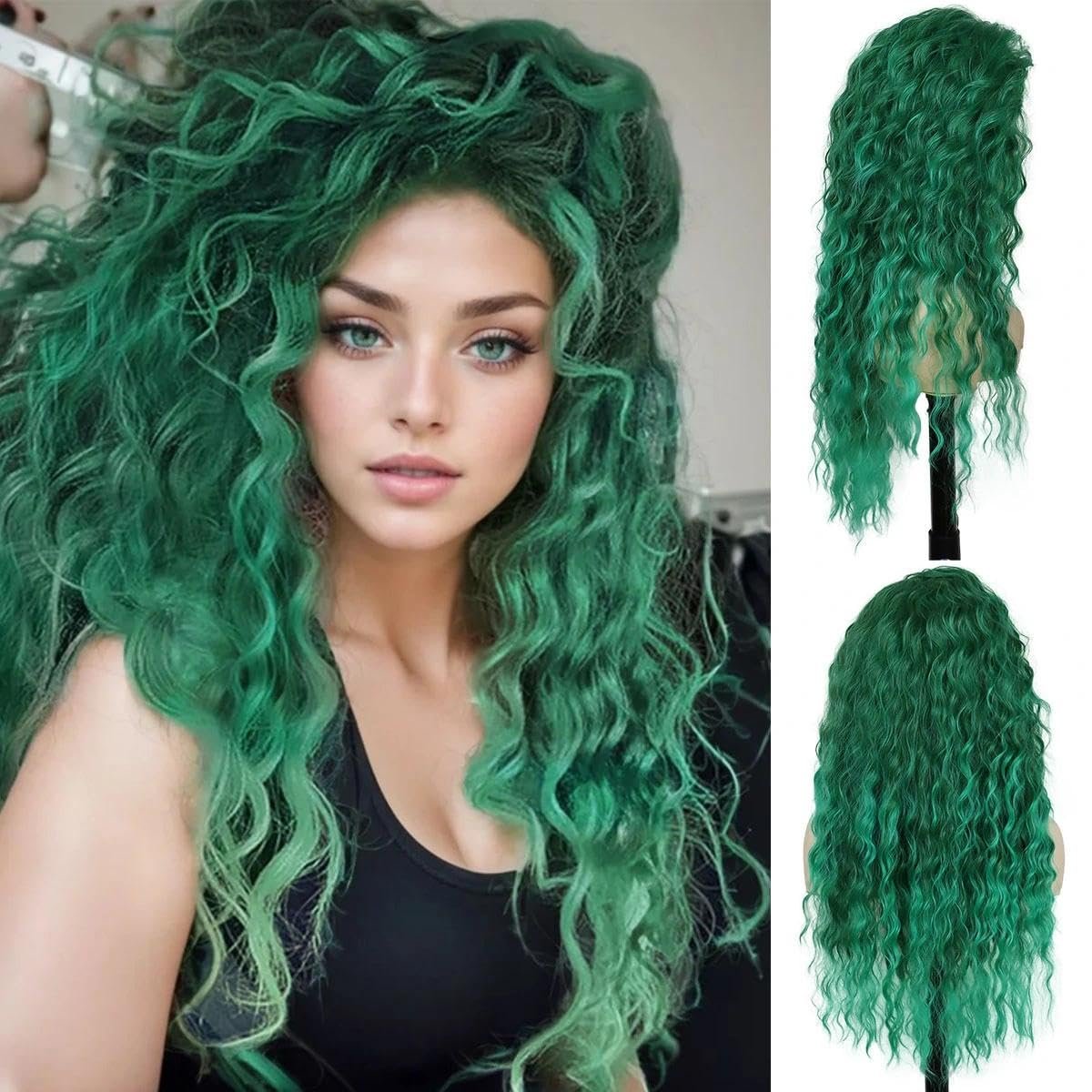 GNIMEGIL 26 Inch Long Curly Wavy Green Wig - Natural Ombre Fluffy Synthetic Hair for Mermaid Cosplay, St. Patrick's Day, Halloween Costumes - görsel 3