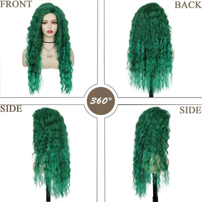 GNIMEGIL 26 Inch Long Curly Wavy Green Wig - Natural Ombre Fluffy Synthetic Hair for Mermaid Cosplay, St. Patrick's Day, Halloween Costumes