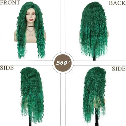 GNIMEGIL 26 Inch Long Curly Wavy Green Wig - Natural Ombre Fluffy Synthetic Hair for Mermaid Cosplay, St. Patrick's Day, Halloween Costumes