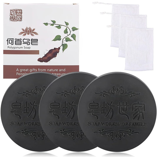 Black & Thick Hair Fallopia Multiflora Shampoo Bar - Polygonum Soap with Foaming Net, He Shou Wu Extract, Deeply Cleanses Hair Scalp, Organic Moisturizes Repairs Hair Damage (3-Pack)