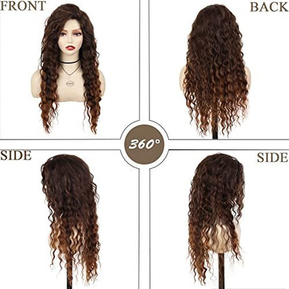 GNIMEGIL Natural Brown Loose Wave Long Curly Wig for Women – Heat Resistant Synthetic Hair, Ombre Medium Brown