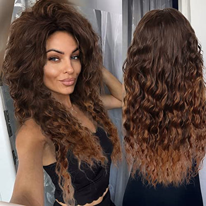GNIMEGIL Natural Brown Loose Wave Long Curly Wig for Women – Heat Resistant Synthetic Hair, Ombre Medium Brown