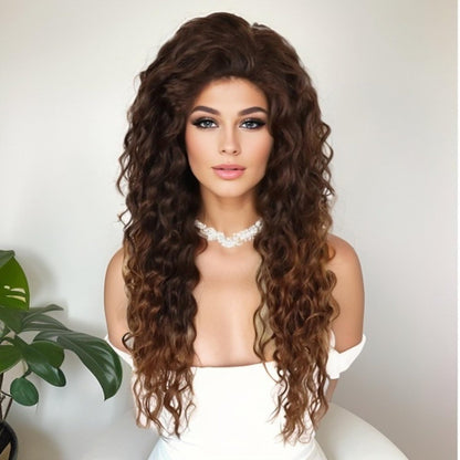 GNIMEGIL Natural Brown Loose Wave Long Curly Wig for Women – Heat Resistant Synthetic Hair, Ombre Medium Brown