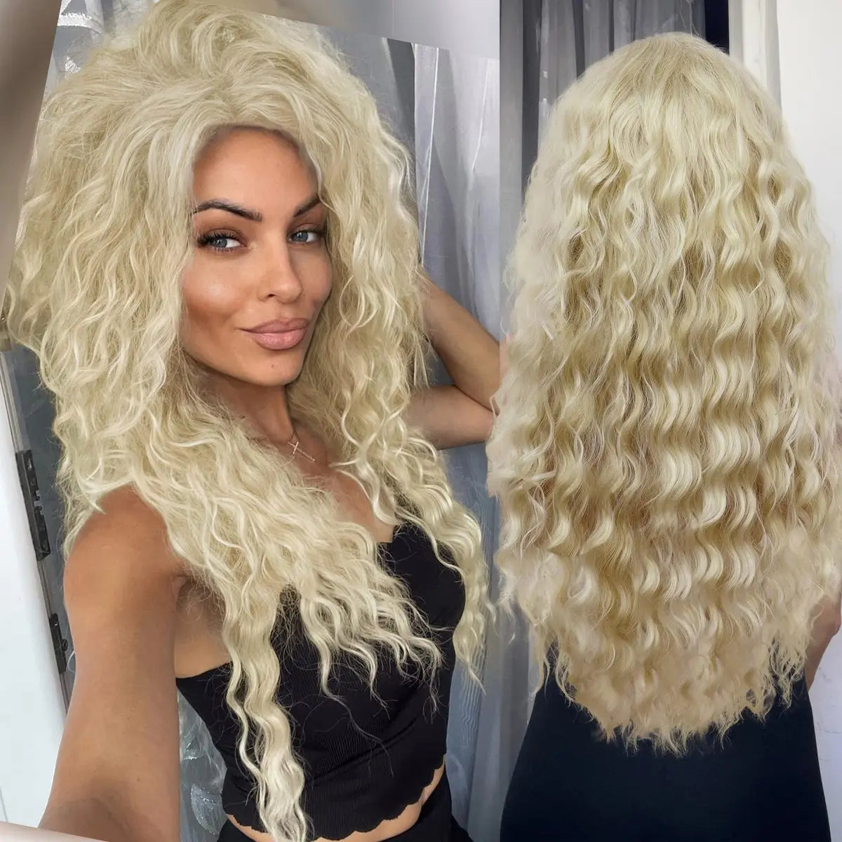 GNIMEGIL Womens Long Blonde Curly Wigs Wavy Fluffy Wig Soft Natural Looking Synthetic Hair Wig Thick Body Wave Hair for Daily Party Cosplay Halloween Costume (Lightest Blonde) Avelisse