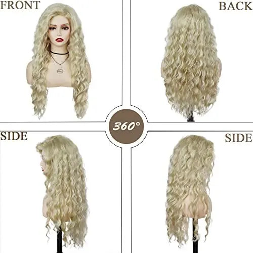 GNIMEGIL Womens Long Blonde Curly Wigs Wavy Fluffy Wig Soft Natural Looking Synthetic Hair Wig Thick Body Wave Hair for Daily Party Cosplay Halloween Costume (Lightest Blonde) Avelisse