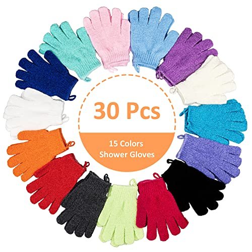 30 Pcs Exfoliating Gloves for Shower - 15 Colors Body Exfoliator Glove with Hanging Loop, Scrub Exfoliate Glove Mitt Bath Face Spa Hand Scrubber Wash Deep Scrubbing Dead Skin for Women Men, by Aisuly Avelisse