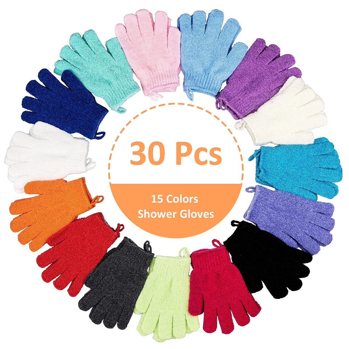 30 Pcs Exfoliating Gloves for Shower - 15 Colors Body Exfoliator Glove with Hanging Loop, Scrub Exfoliate Glove Mitt Bath Face Spa Hand Scrubber Wash Deep Scrubbing Dead Skin for Women Men, by Aisuly Avelisse
