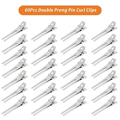 60-Pack Double Prong Pin Curl Clips - Gingbiss 1.8" Duck Billed Alligator Hair Clips for Styling Sectioning with Storage Box - Silver Metal Salon Barber DIY