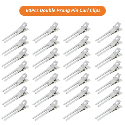 60-Pack Double Prong Pin Curl Clips - Gingbiss 1.8" Duck Billed Alligator Hair Clips for Styling Sectioning with Storage Box - Silver Metal Salon Barber DIY