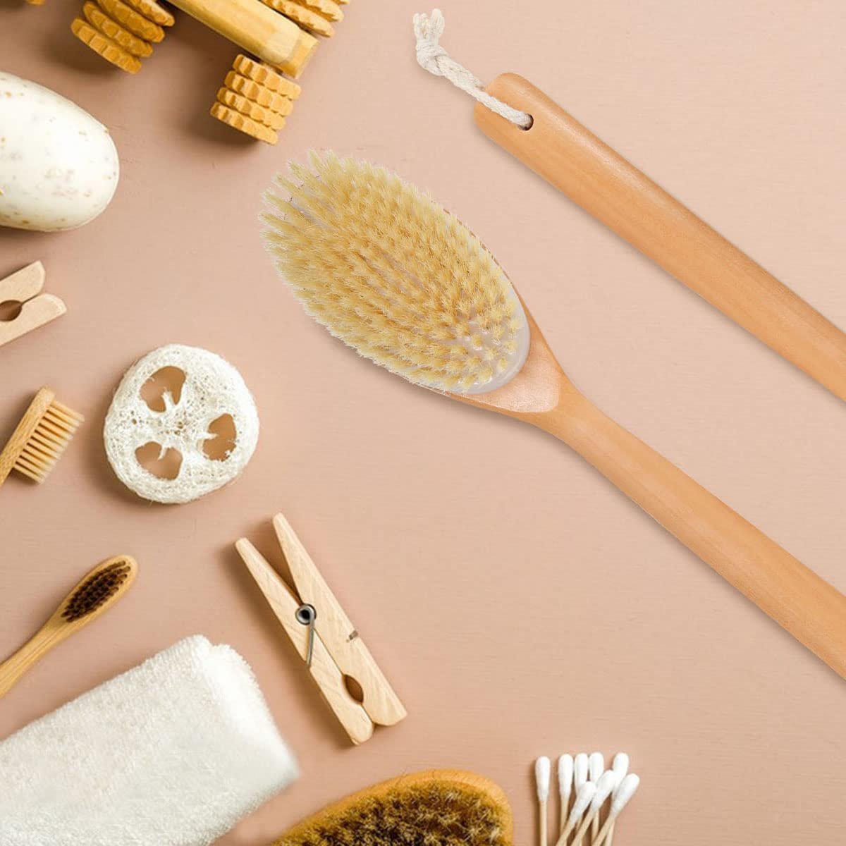 OWIIZI Bath Brush with Soft Natural Bristles & Antiskid Wooden Long Handle - Shower Body Scrubber for Wet or Dry Exfoliating, Back Scrub Deep Cleanse Avelisse