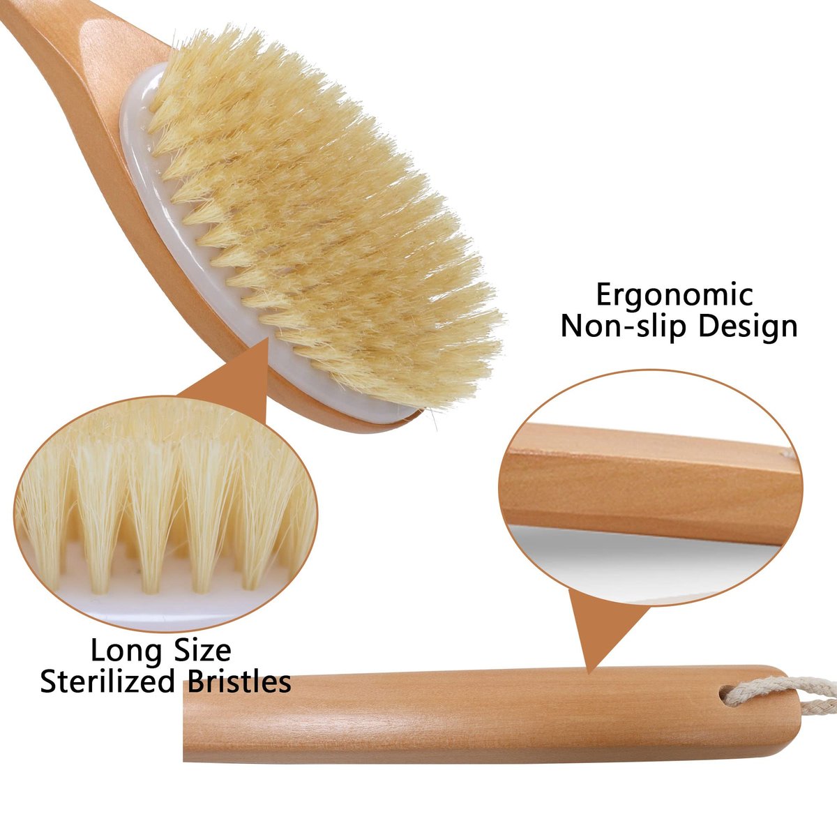 OWIIZI Bath Brush with Soft Natural Bristles & Antiskid Wooden Long Handle - Shower Body Scrubber for Wet or Dry Exfoliating, Back Scrub Deep Cleanse Avelisse
