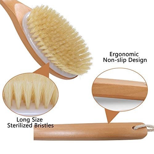 OWIIZI Bath Brush with Soft Natural Bristles & Antiskid Wooden Long Handle - Shower Body Scrubber for Wet or Dry Exfoliating, Back Scrub Deep Cleanse Avelisse