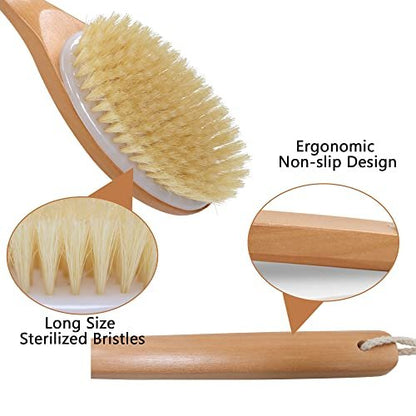 OWIIZI Bath Brush with Soft Natural Bristles & Antiskid Wooden Long Handle - Shower Body Scrubber for Wet or Dry Exfoliating, Back Scrub Deep Cleanse Avelisse