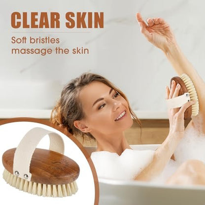 SAMEBUTECO Solid Acacia Wood Boar Bristle Body Brush for Dry Brushing, Exfoliation & Lymphatic Drainage - Oval Shape, Comfortable Grip