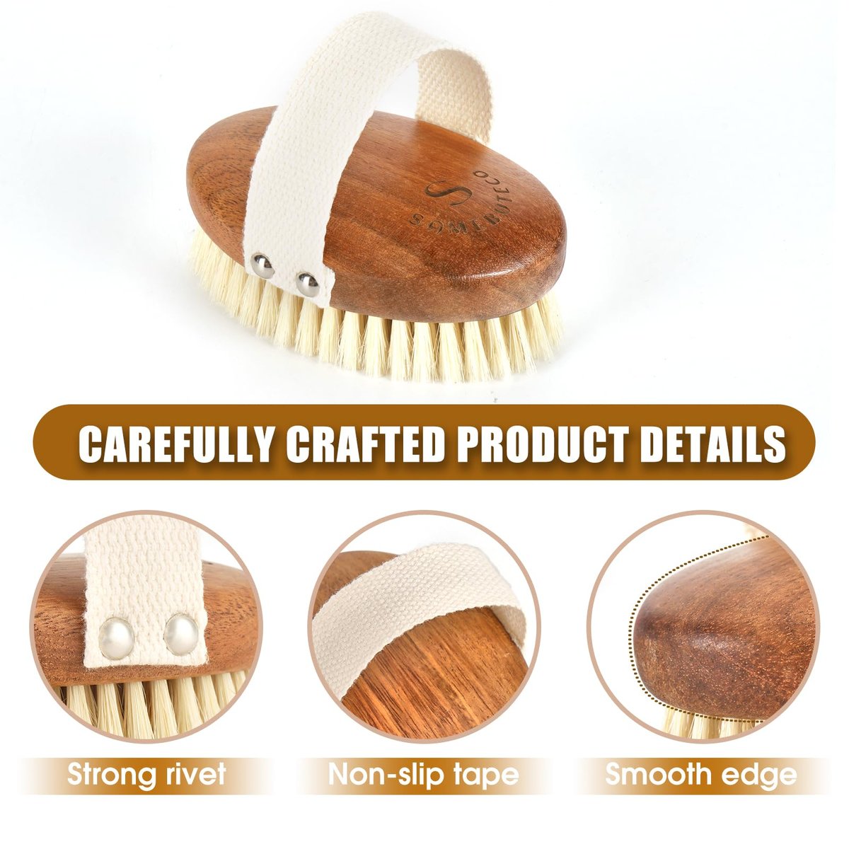 SAMEBUTECO Solid Acacia Wood Boar Bristle Body Brush for Dry Brushing, Exfoliation & Lymphatic Drainage - Oval Shape, Comfortable Grip - görsel 5