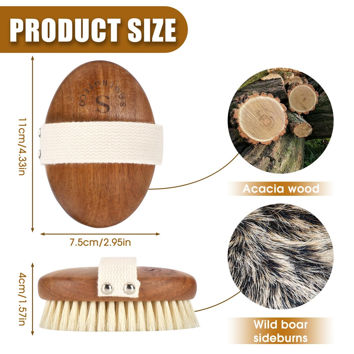 SAMEBUTECO Solid Acacia Wood Boar Bristle Body Brush for Dry Brushing, Exfoliation & Lymphatic Drainage - Oval Shape, Comfortable Grip - görsel 3