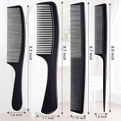 Premium Black Carbon Fiber Hair Comb Set - 4 Pieces for Teasing, Parting & Styling, Fine & Wide Tooth, Professional & Home Use for All Hair Types