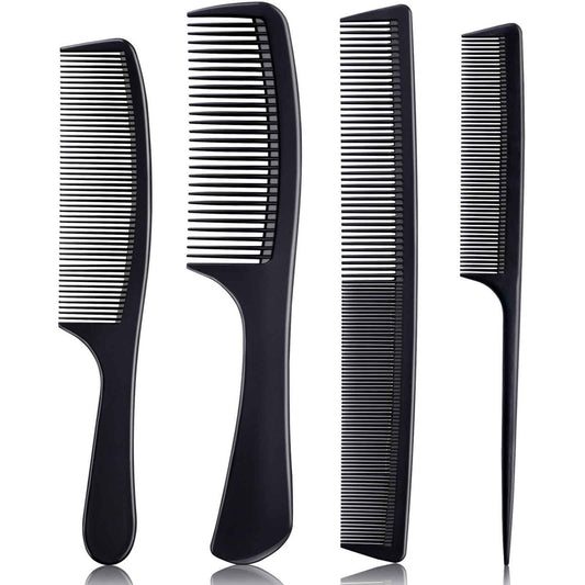 Premium Black Carbon Fiber Hair Comb Set - 4 Pieces for Teasing, Parting & Styling, Fine & Wide Tooth, Professional & Home Use for All Hair Types