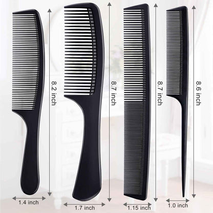 Premium Black Carbon Fiber Hair Comb Set - 4 Pieces for Teasing, Parting & Styling, Fine & Wide Tooth, Professional & Home Use for All Hair Types