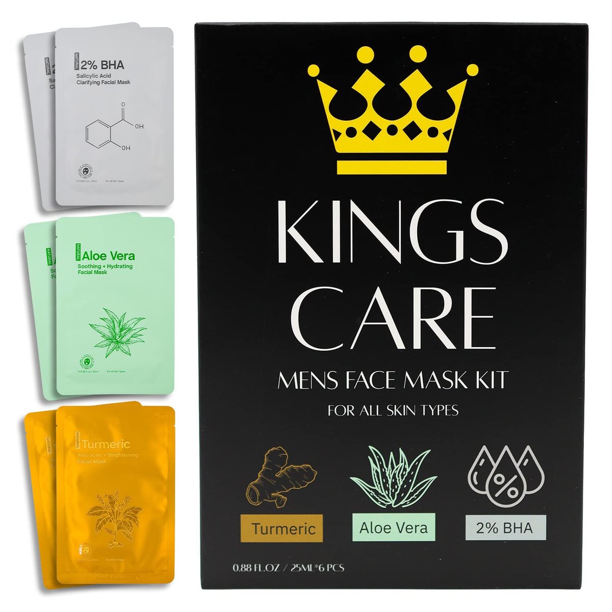 Kings Care Mens Face Mask Skin Care Kit (6 Pack) - Turmeric Anti-Acne, Aloe Vera Soothing & 2% BHA Salicylic Acid Sheet Mask - Hydrating, Brightening & Pore Refining for Men Avelisse