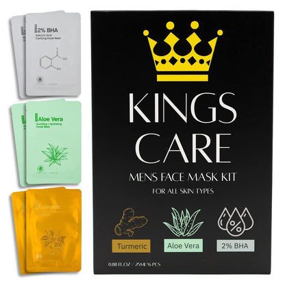 Kings Care Mens Face Mask Skin Care Kit (6 Pack) - Turmeric Anti-Acne, Aloe Vera Soothing & 2% BHA Salicylic Acid Sheet Mask - Hydrating, Brightening & Pore Refining for Men Avelisse
