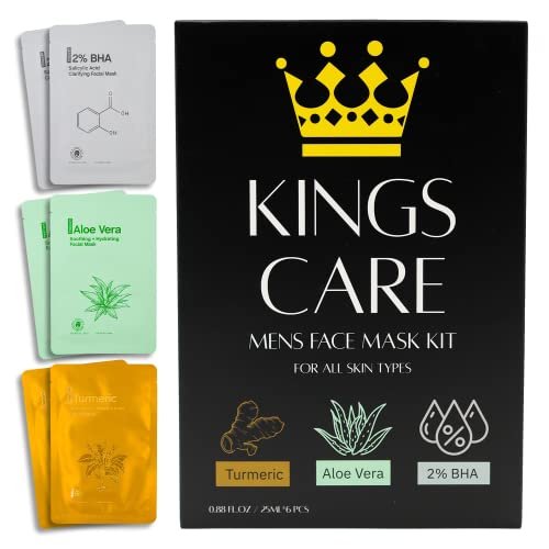 Kings Care Mens Face Mask Skin Care Kit (6 Pack) - Turmeric Anti-Acne, Aloe Vera Soothing & 2% BHA Salicylic Acid Sheet Mask - Hydrating, Brightening & Pore Refining for Men Avelisse