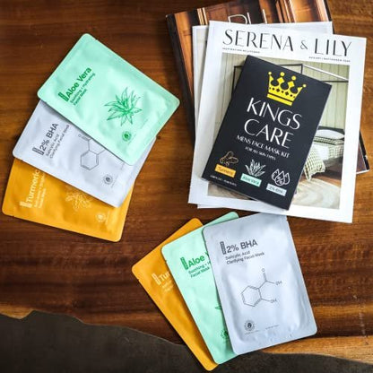 Kings Care Mens Face Mask Skin Care Kit (6 Pack) - Turmeric Anti-Acne, Aloe Vera Soothing & 2% BHA Salicylic Acid Sheet Mask - Hydrating, Brightening & Pore Refining for Men Avelisse