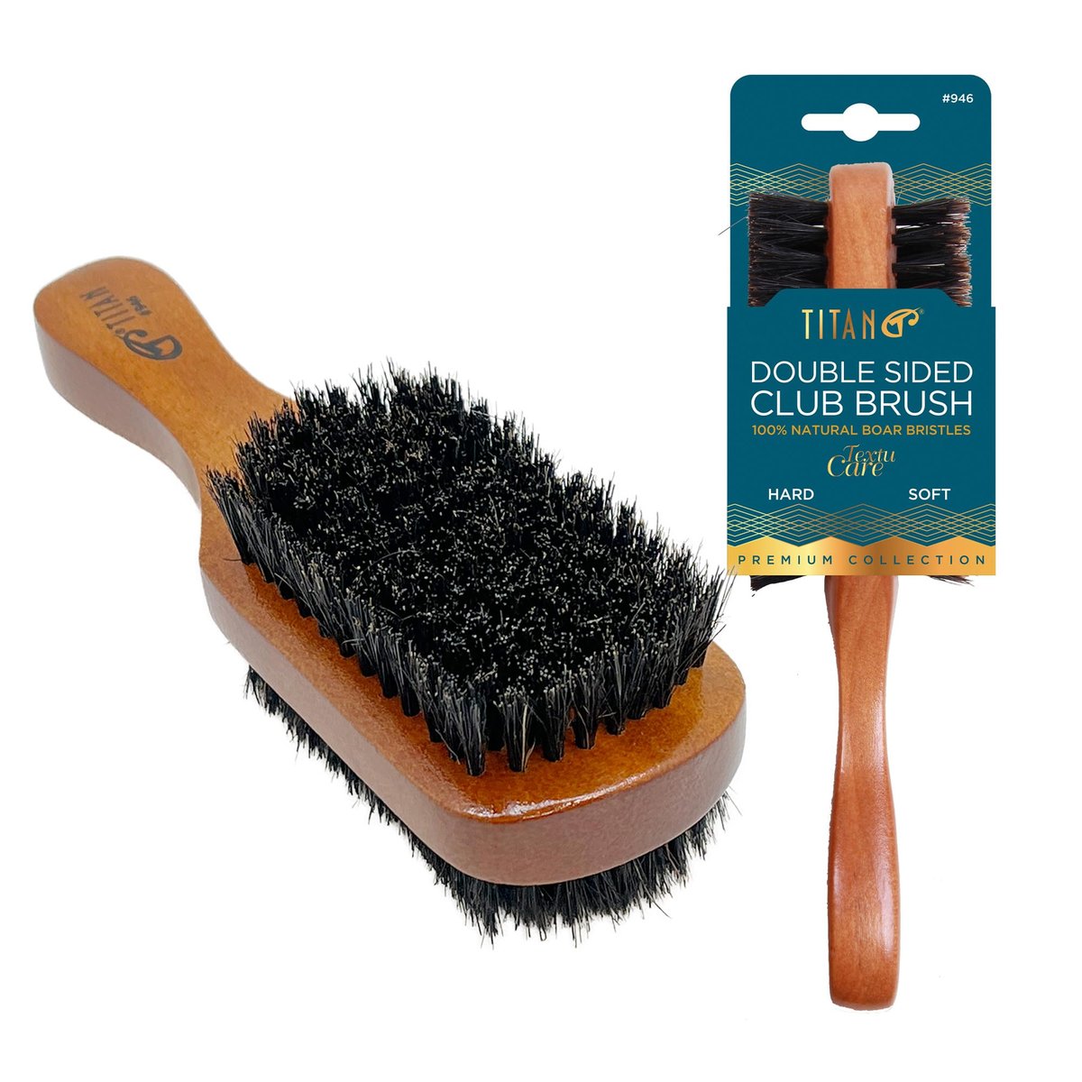 TITAN Double Sided Boar Bristle Brush – 100% Natural Firm & Soft Bristles with Wooden Handle – 2-in-1 Hair Brush for Waves, Fades, and Slick Back Styling – Durable Wood Design for Men and Women - görsel 1