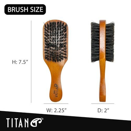 TITAN Double Sided Boar Bristle Brush – 100% Natural Firm & Soft Bristles with Wooden Handle – 2-in-1 Hair Brush for Waves, Fades, and Slick Back Styling – Durable Wood Design for Men and Women