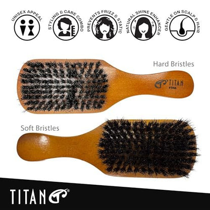 TITAN Double Sided Boar Bristle Brush – 100% Natural Firm & Soft Bristles with Wooden Handle – 2-in-1 Hair Brush for Waves, Fades, and Slick Back Styling – Durable Wood Design for Men and Women