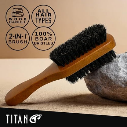 TITAN Double Sided Boar Bristle Brush – 100% Natural Firm & Soft Bristles with Wooden Handle – 2-in-1 Hair Brush for Waves, Fades, and Slick Back Styling – Durable Wood Design for Men and Women