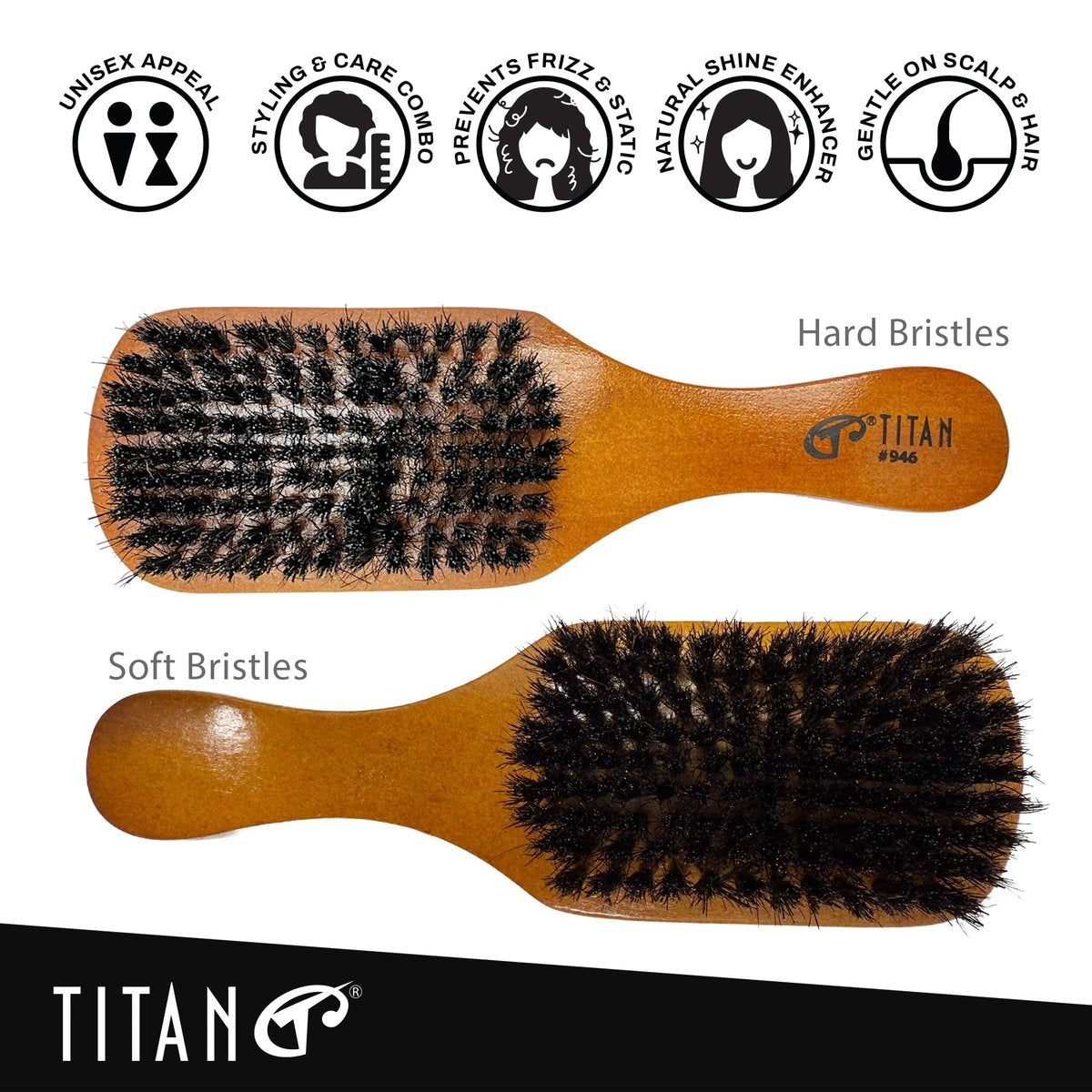 TITAN Double Sided Boar Bristle Brush – 100% Natural Firm & Soft Bristles with Wooden Handle – 2-in-1 Hair Brush for Waves, Fades, and Slick Back Styling – Durable Wood Design for Men and Women - görsel 5