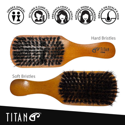 TITAN Double Sided Boar Bristle Brush – 100% Natural Firm & Soft Bristles with Wooden Handle – 2-in-1 Hair Brush for Waves, Fades, and Slick Back Styling – Durable Wood Design for Men and Women