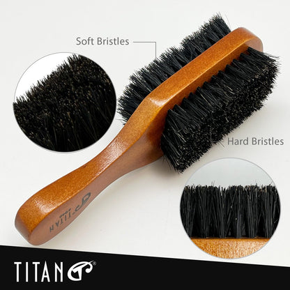 TITAN Double Sided Boar Bristle Brush – 100% Natural Firm & Soft Bristles with Wooden Handle – 2-in-1 Hair Brush for Waves, Fades, and Slick Back Styling – Durable Wood Design for Men and Women