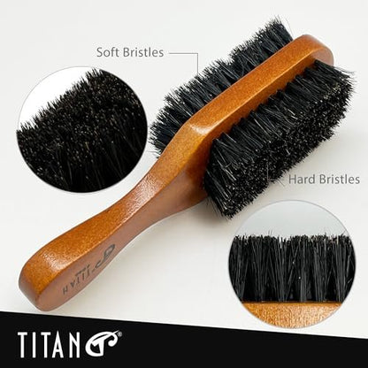 TITAN Double Sided Boar Bristle Brush – 100% Natural Firm & Soft Bristles with Wooden Handle – 2-in-1 Hair Brush for Waves, Fades, and Slick Back Styling – Durable Wood Design for Men and Women