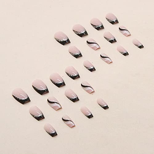 24PCS Black French Tip Press on Nails Medium Length Square Fake Nails with Silver Glitter Line Designs Glossy Coffin Nails Full Cover Nail Tips False Cute Stick on Nails for Women - görsel 8