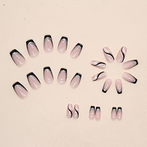 24PCS Black French Tip Press on Nails Medium Length Square Fake Nails with Silver Glitter Line Designs Glossy Coffin Nails Full Cover Nail Tips False Cute Stick on Nails for Women - görsel 6