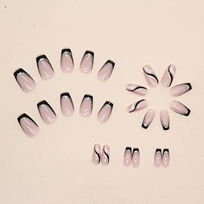 24PCS Black French Tip Press on Nails Medium Length Square Fake Nails with Silver Glitter Line Designs Glossy Coffin Nails Full Cover Nail Tips False Cute Stick on Nails for Women