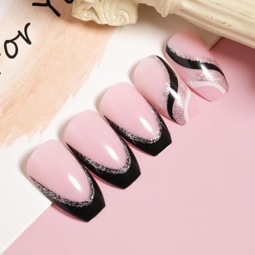 24PCS Black French Tip Press on Nails Medium Length Square Fake Nails with Silver Glitter Line Designs Glossy Coffin Nails Full Cover Nail Tips False Cute Stick on Nails for Women - görsel 10