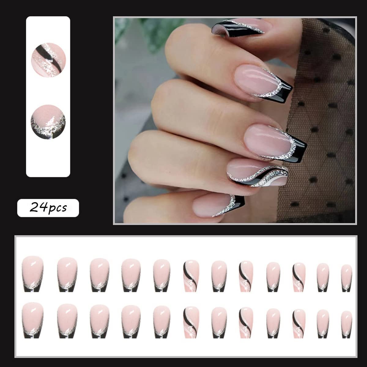 24PCS Black French Tip Press on Nails Medium Length Square Fake Nails with Silver Glitter Line Designs Glossy Coffin Nails Full Cover Nail Tips False Cute Stick on Nails for Women - görsel 3