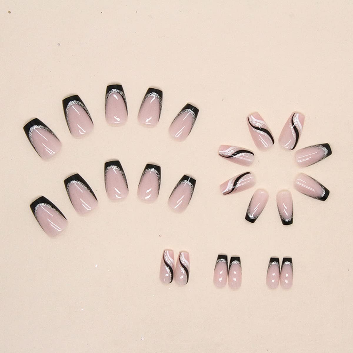 24PCS Black French Tip Press on Nails Medium Length Square Fake Nails with Silver Glitter Line Designs Glossy Coffin Nails Full Cover Nail Tips False Cute Stick on Nails for Women - görsel 5