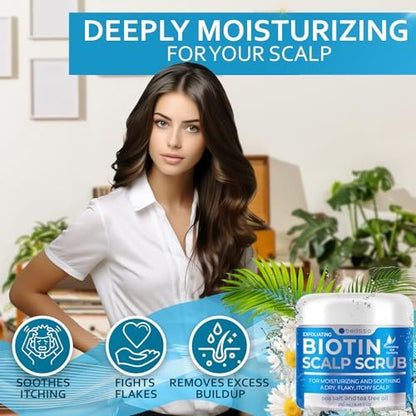 Biotin Scalp Scrub - Exfoliating Treatment for Dry, Itchy, Flaky Scalp - Intense Moisturizer & Detox Cleanser with Tea Tree Oil - Anti-Dandruff Mask for Women and Men