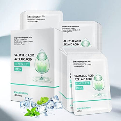 YAFUSIPE Acne Facial Mask with Salicylic Acid - 10 Sheets, Hydrating Moisturizing Sheet Mask for Acne Prone Skin, Oil Control, Redness, Scar & Breakout Care