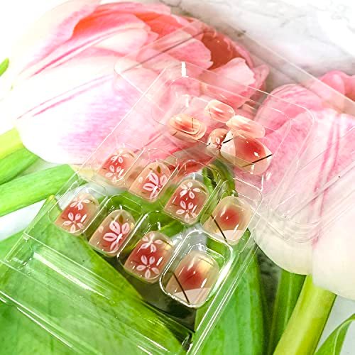 Onsdag Press On Nails Short Square Coffin Shape - Pink Flower Designs Full Cover Reusable False Nails with Glue, Acrylic Fake Nails for Women - görsel 10