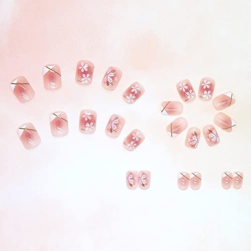 Onsdag Press On Nails Short Square Coffin Shape - Pink Flower Designs Full Cover Reusable False Nails with Glue, Acrylic Fake Nails for Women - görsel 4