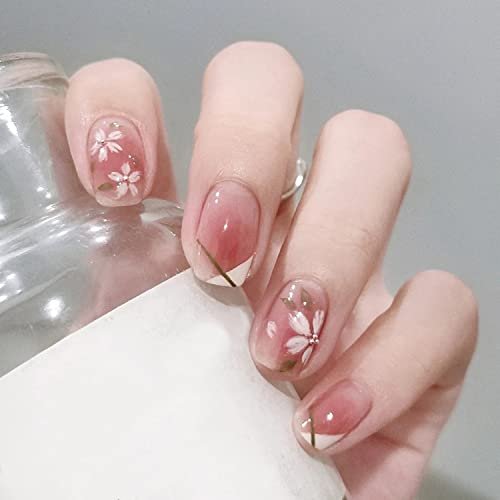 Onsdag Press On Nails Short Square Coffin Shape - Pink Flower Designs Full Cover Reusable False Nails with Glue, Acrylic Fake Nails for Women - görsel 2