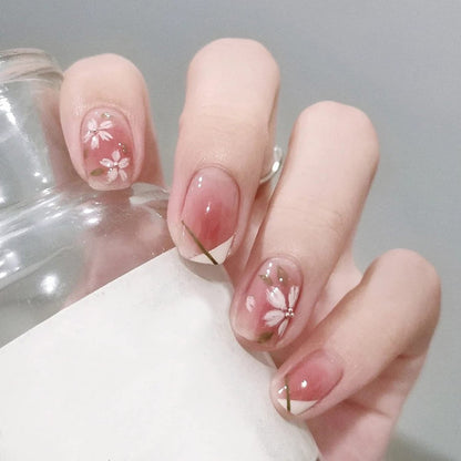 Onsdag Press On Nails Short Square Coffin Shape - Pink Flower Designs Full Cover Reusable False Nails with Glue, Acrylic Fake Nails for Women